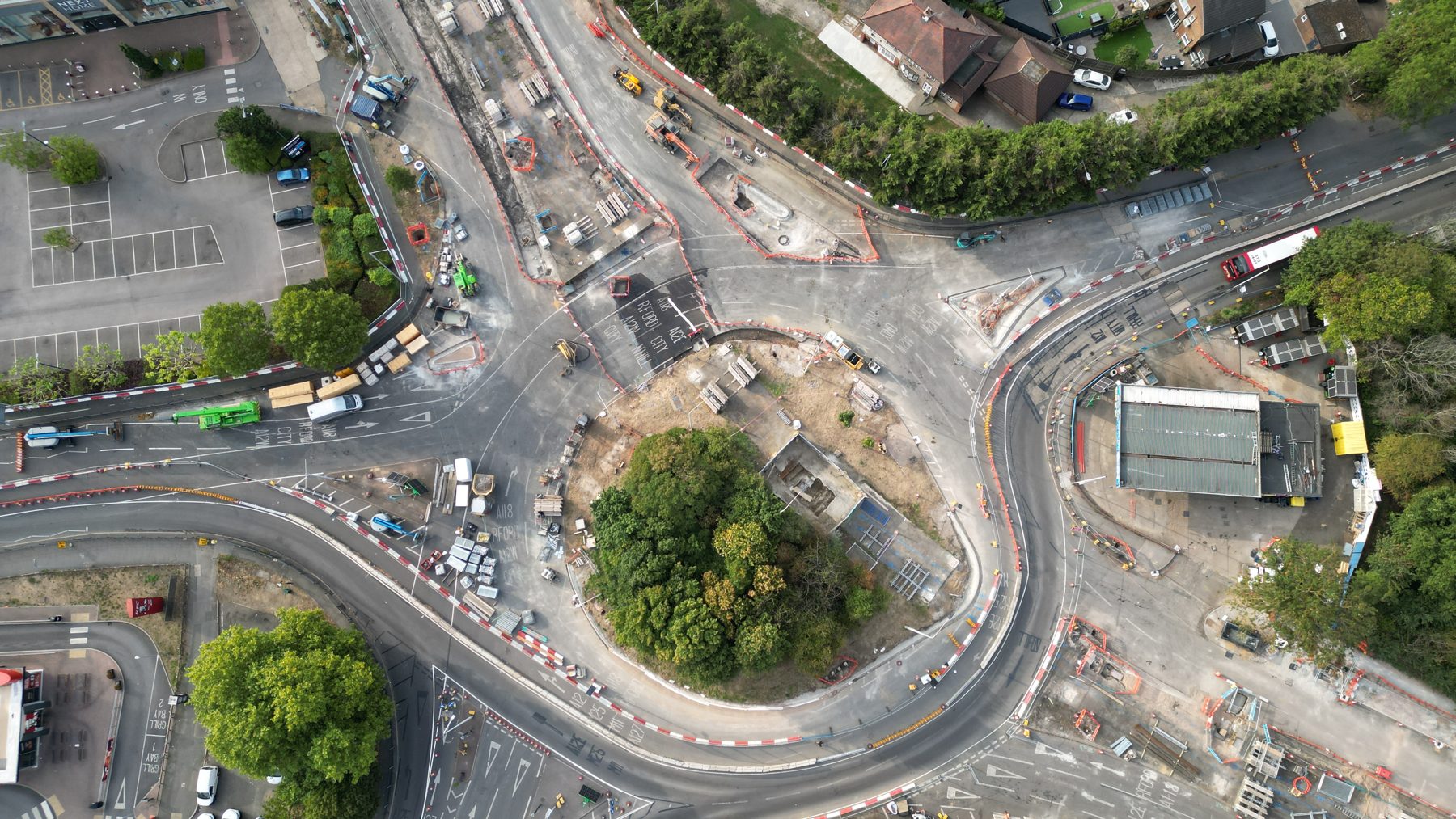 Roadworks and traffic management at a junction seen from directly above